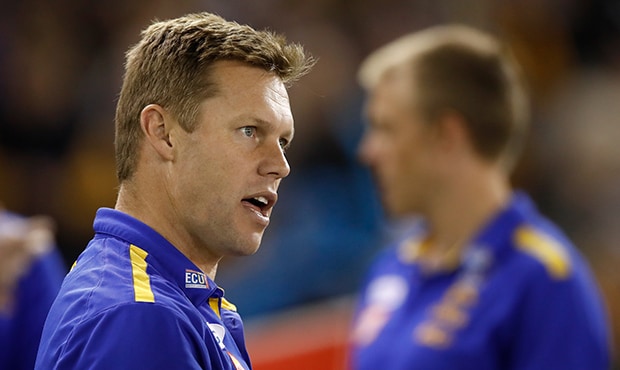AFL 2018 Round 10 - Hawthorn v West Coast MELBOURNE, AUSTRALIA - MAY 27: Sam Mitchell, Assistant Coach of the Eagles addresses his players in his first game coaching against his former team Hawthorn during the 2018 AFL round 10 match between the Hawthorn Hawks and the West Coast Eagles at Etihad Stadium on May 27, 2018 in Melbourne, Australia. (Photo by Adam Trafford/AFL Media)
